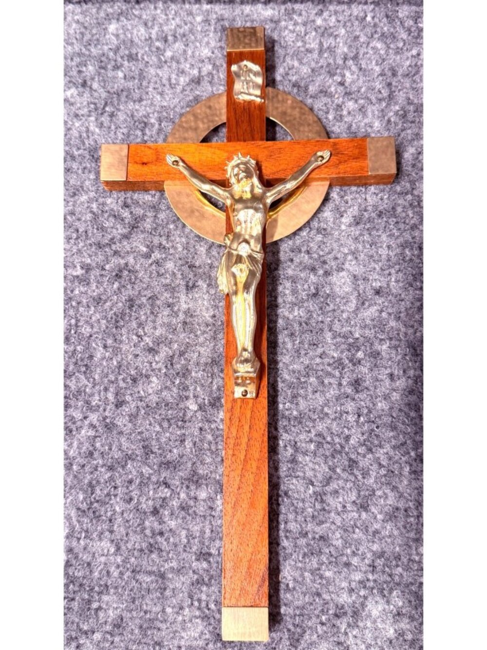 Vintage Walnut Wood Trinity Celtic Crucifix Wall Cross Silver Corpus Brass Halo